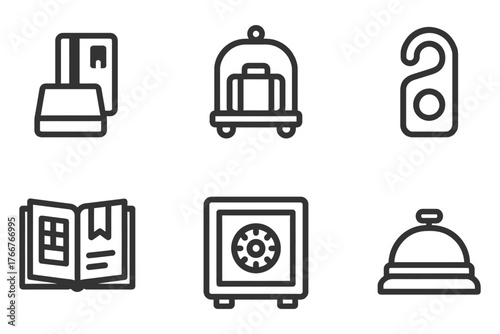 A set of icons for a hotel, including a suitcase, a book, a key, a hotel room, a hotel room key, and a hotel room door. Vector.