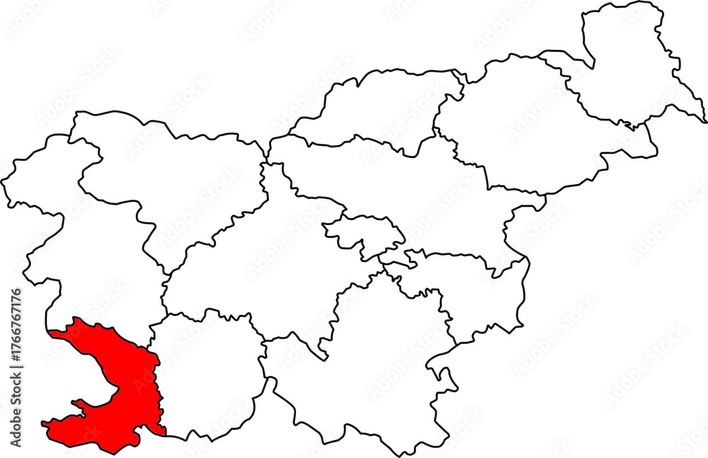 Fototapeta premium Detailed vector map of Slovenia highlighting Obalno-kraška (Coastal–Karst Statistical Region), a Southwestern Slovenia territory centered on Koper, known for its Adriatic coastline