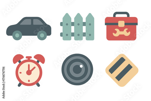 Collection of simple flat icons representing transportation home and various tools
