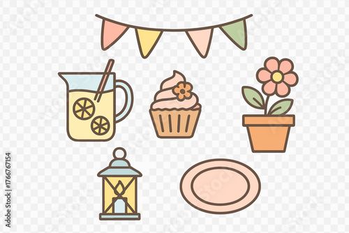 Pastel colored icons set for summer party and garden celebration