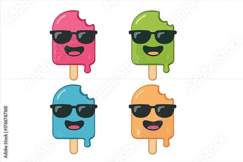 Four colorful melting popsicles with sunglasses and happy faces