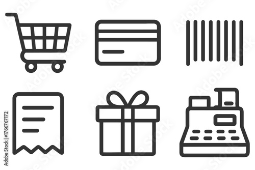 A series of icons for shopping, including a shopping cart, a gift, a gift card, a receipt, a cash register, and a barcode. Vector.