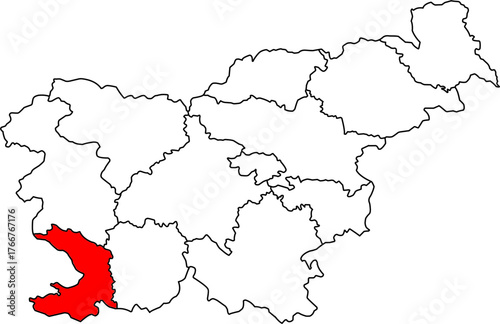 Detailed vector map of Slovenia highlighting Obalno-kraška (Coastal–Karst Statistical Region), a Southwestern Slovenia territory centered on Koper, known for its Adriatic coastline