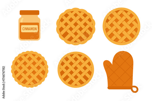 Assortment of baked pies with cinnamon spice and orange oven mitt