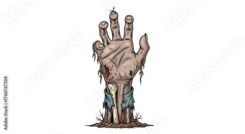 A detailed illustration of a decomposing hand emerging from the ground, symbolizing horror and the undead