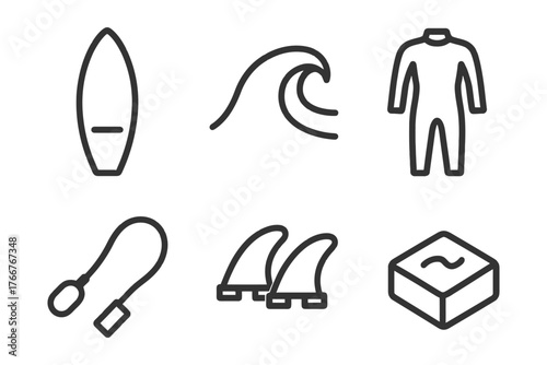 A series of black and white icons for surfing and wetsuits. The icons include a surfboard, a wetsuit, fins, and a surfboard leash. Vector.