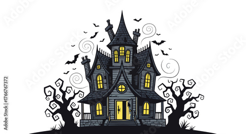 Wallpaper Mural Spooky Haunted House Illustration with Bats, Trees, and Swirls for Halloween Decorations Torontodigital.ca