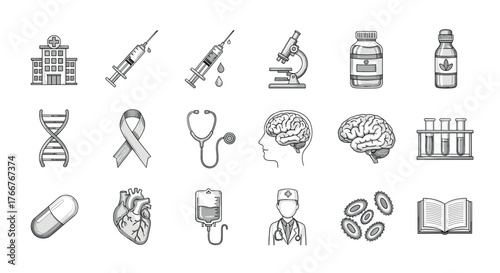 Medical icons set with hospital, syringe, microscope, brain, and heart in linear style