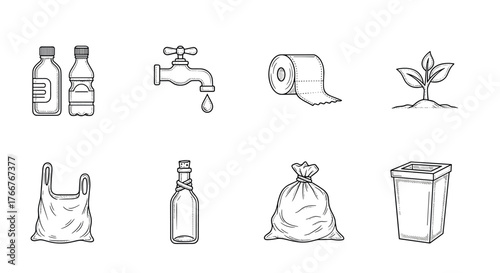 Eco-friendly line art: reduce, reuse, recycle essentials in monochrome