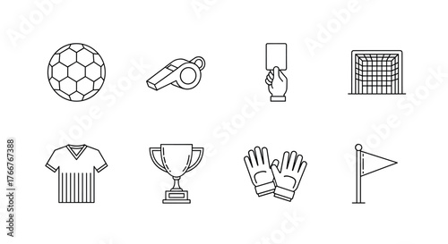Minimalist soccer icons set featuring equipment and symbols in linear style