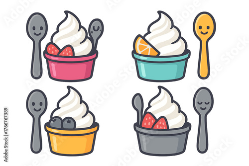 Four cups of frozen yogurt with assorted fruit toppings and smiling spoons