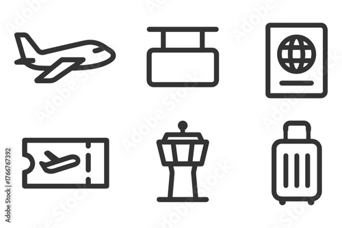 A series of icons representing various aspects of travel, including an airplane, a suitcase, a passport, and a ticket. Vector.