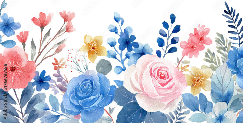 Fototapeta premium Watercolor Floral Arrangement with Roses, Blue and Pink Flowers for Wedding or Romantic Design