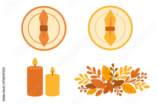 Autumn dining table setting elements with candles and foliage