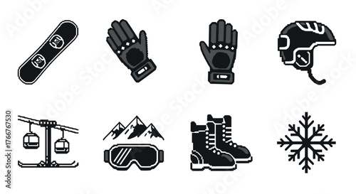 Retro style winter sports icons featuring snowboarding gear and mountain elements