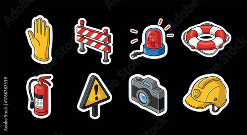 Safety equipment and gear set: colorful stickers with essential protection icons