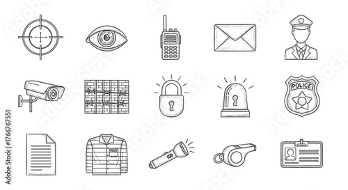 Hand-drawn security icons set: cctv, lock, badge, whistle, flashlight, police