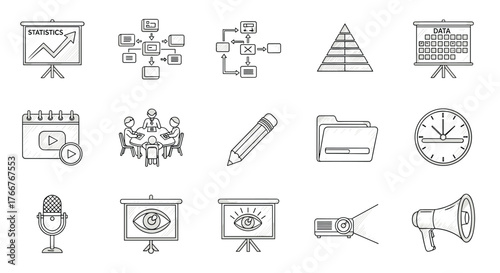 Hand-drawn business icons set featuring meetings and data visualization tools