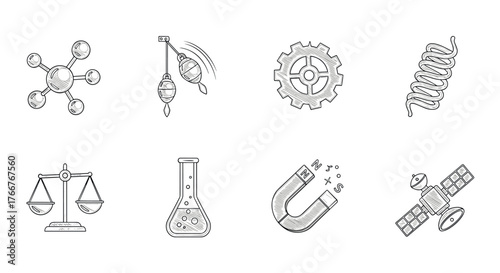 Science and technology icons set in hand drawn style with chemistry and physics elements