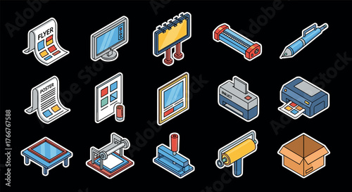 Isometric design icon set featuring printers, posters, and office equipment