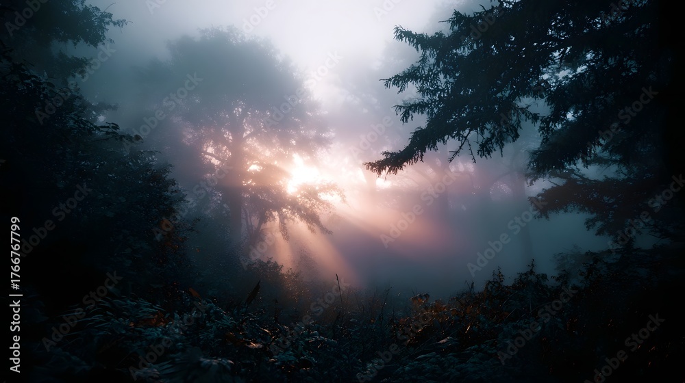 Fototapeta premium Ethereal sunbeams pierce through dense fog in a mysterious forest at dawn