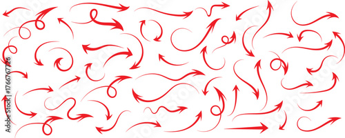 Collection of hand drawn red arrows showing various directions and styles on a white background
