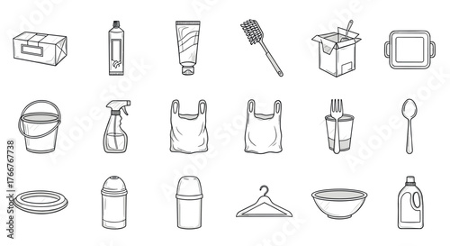 Hand drawn household items: everyday cleaning and kitchen essentials