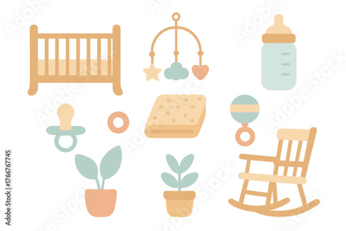 Essential baby care objects collection in soft pastel colors