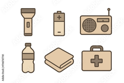 Essential emergency preparedness kit icons for survival supplies