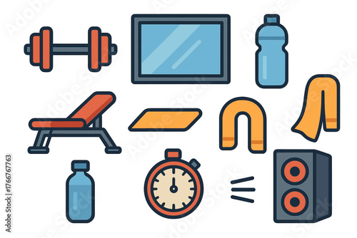 Colorful flat style icons representing fitness and gym equipment