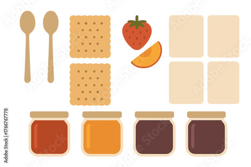 Jars of jam crackers spoons and fresh fruit elements for morning meal