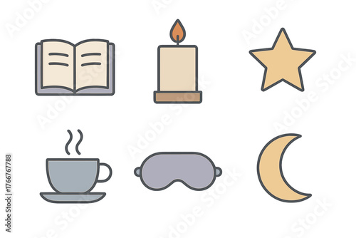 Set of cozy evening relaxation icons featuring book candle and sleep mask