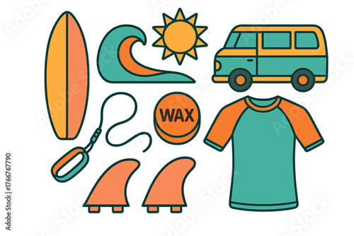 Colorful flat design elements representing surfing gear and beach vacation activities