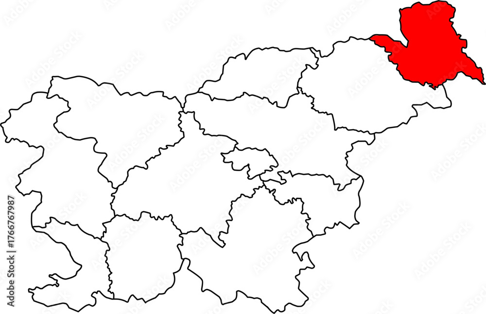 Obraz premium Detailed vector map of Slovenia highlighting Pomurska (Mura Statistical Region), a Northeastern Slovenia territory centered on Murska Sobota, known for its thermal spas, rich agricultural areas