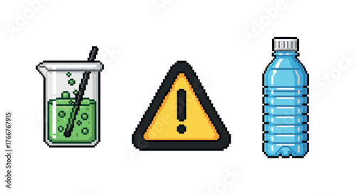 Pixel art chemistry set: beaker with liquid, warning sign, and water bottle