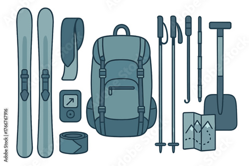 Essential backcountry skiing and avalanche safety equipment set