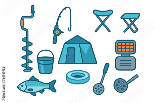 Collection of essential gear icons for winter ice fishing activities