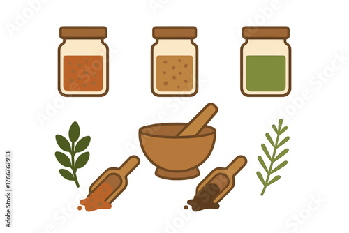 Herbal spices and ingredients displayed with mortar and pestle