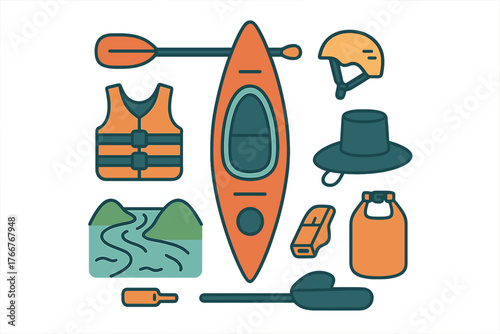 Collection of essential kayaking and canoeing equipment icons with river landscape