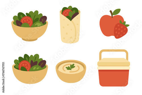 Assortment of healthy picnic lunch components with a portable cooler box