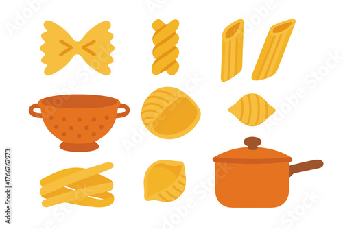 Assortment of Italian pasta shapes with cooking utensils