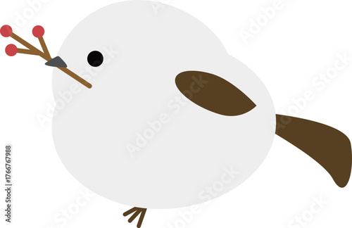 横を向いている枝をくわえたシマエナガ