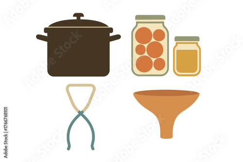 Set of kitchen tools for home canning and food preservation with jars