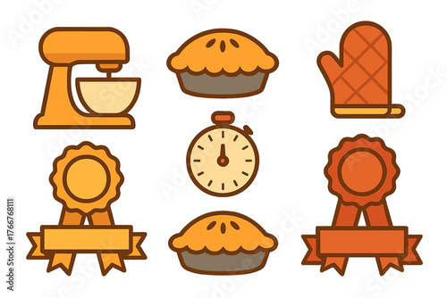Set of baking and cooking icons featuring mixer, pie, oven mitt, stopwatch, and ribbons