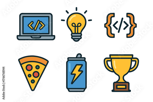 Flat icons set representing programming achievement with food and drink
