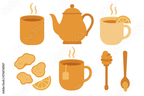 Hot beverage ingredients set with teapot, mugs, lemon, and ginger pieces