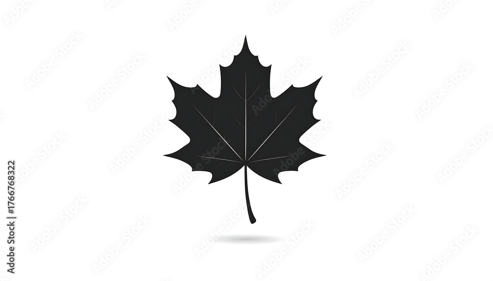Fototapeta premium Silhouette of a maple leaf, black on white background, with a shadow