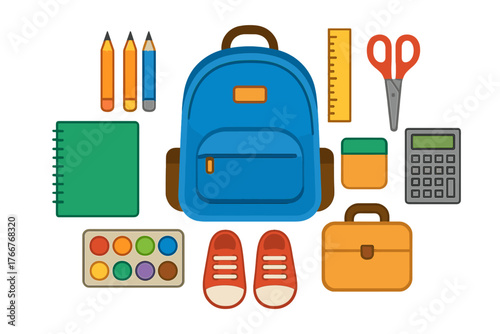 Colorful assortment of essential school supplies and learning accessories