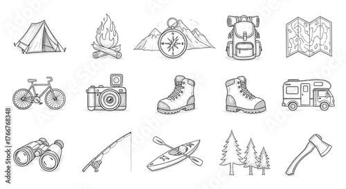 Hand-drawn camping essentials with adventure icons and outdoor gear set