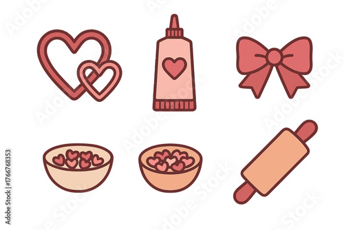 Baking and pastry tools icons featuring romantic heart shapes